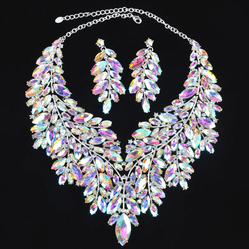 Luxurious Dubai Style Wedding Earring Sets Rhinestone AB Crystal Statement Bridal Necklace Christmas Prom Gift For Women Jewelry