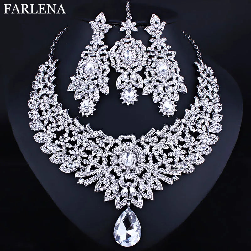 FARLENA Classic Indian Bridal Necklace Earrings and Frontlet set Luxury Bridal Wedding Crystal Rhinestones Jewelry sets