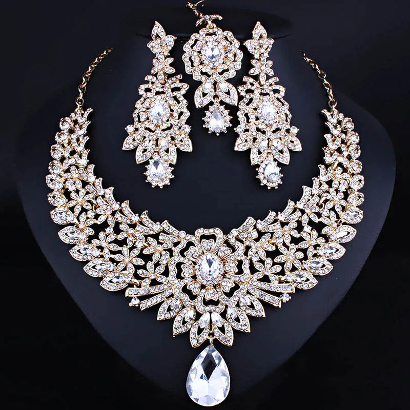 FARLENA Classic Indian Bridal Necklace Earrings and Frontlet set Luxury Bridal Wedding Crystal Rhinestones Jewelry sets