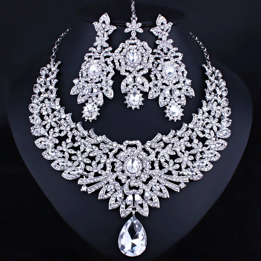 FARLENA Classic Indian Bridal Necklace Earrings and Frontlet set Luxury Bridal Wedding Crystal Rhinestones Jewelry sets