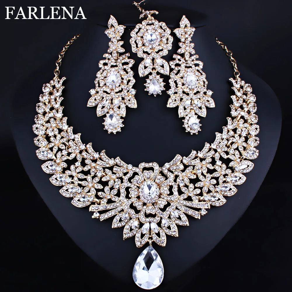 FARLENA Classic Indian Bridal Necklace Earrings and Frontlet set Luxury Bridal Wedding Crystal Rhinestones Jewelry sets