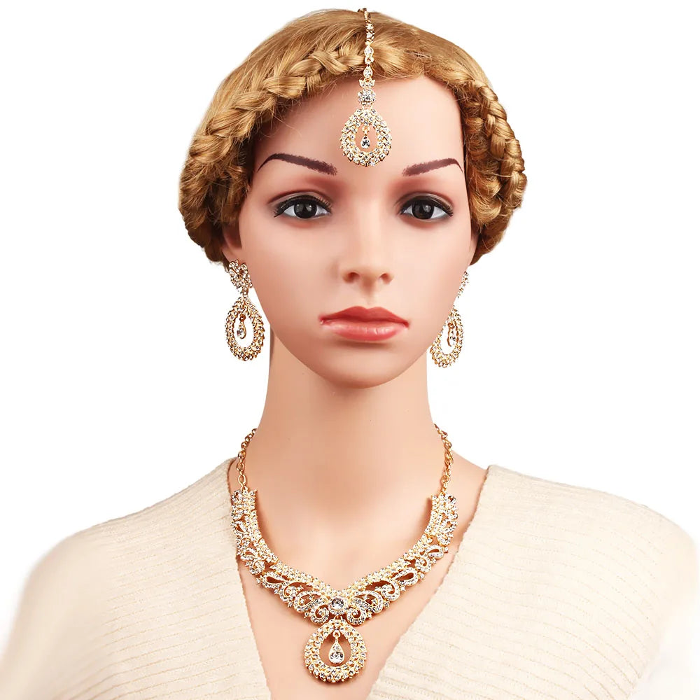 FARLENA Classic Indian Bridal Necklace Earrings and Frontlet set Luxury Bridal Wedding Crystal Rhinestones Jewelry sets