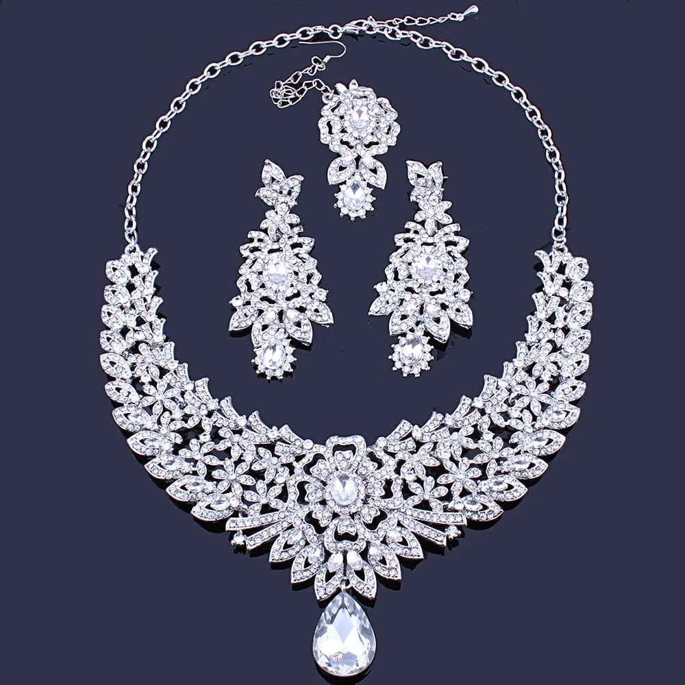 FARLENA Classic Indian Bridal Necklace Earrings and Frontlet set Luxury Bridal Wedding Crystal Rhinestones Jewelry sets