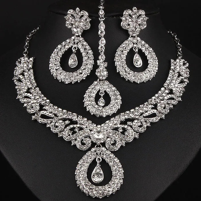 FARLENA Classic Indian Bridal Necklace Earrings and Frontlet set Luxury Bridal Wedding Crystal Rhinestones Jewelry sets