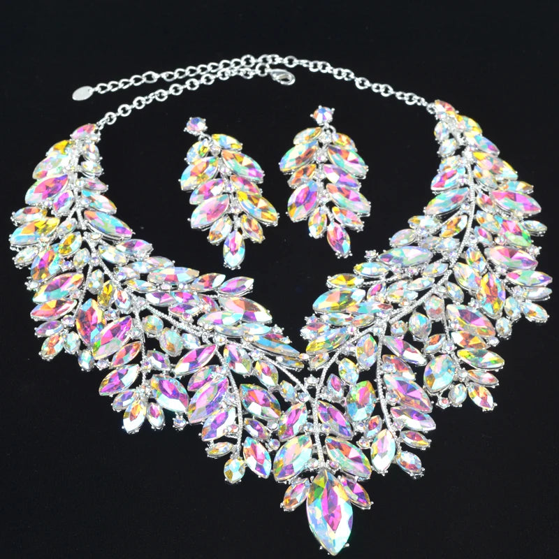 Luxurious Dubai Style Wedding Earring Sets Rhinestone AB Crystal Statement Bridal Necklace Christmas Prom Gift For Women Jewelry