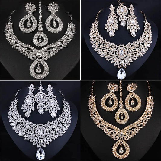 FARLENA Classic Indian Bridal Necklace Earrings and Frontlet set Luxury Bridal Wedding Crystal Rhinestones Jewelry sets