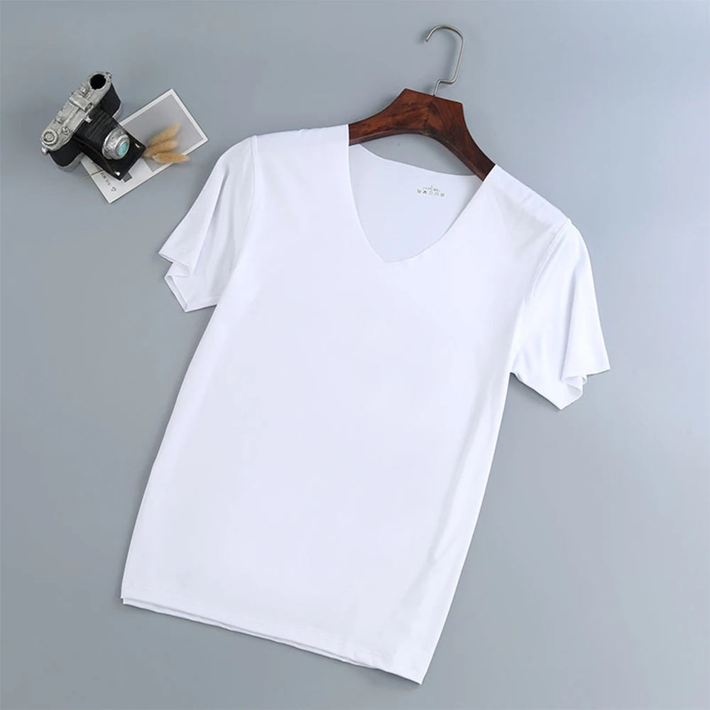 Men Tops T-Shirts Muscle Training Short Sleeve Summer V-Neck Bodybuilding Breathable Gym Wear Ice Silk Comfort