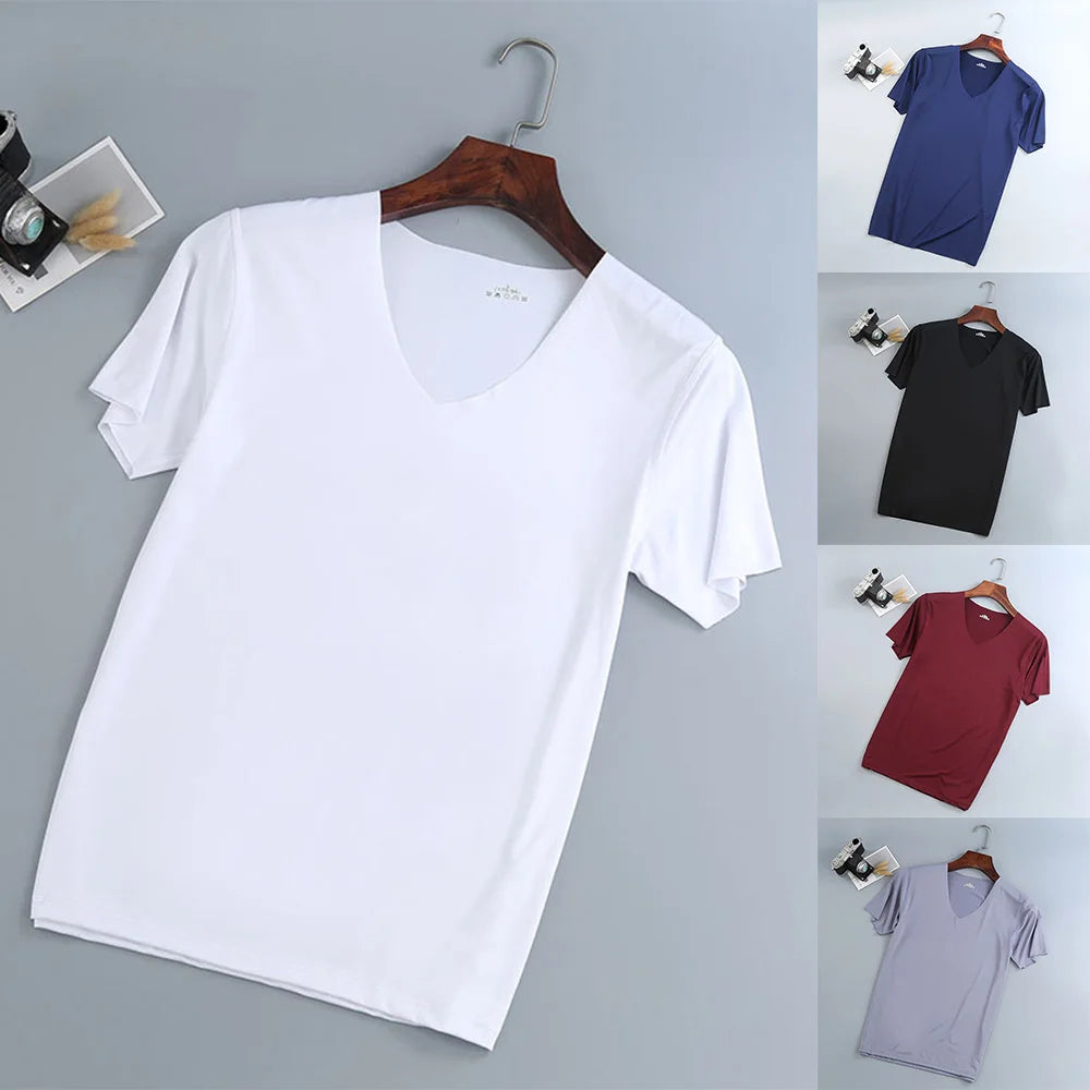 Men Tops T-Shirts Muscle Training Short Sleeve Summer V-Neck Bodybuilding Breathable Gym Wear Ice Silk Comfort