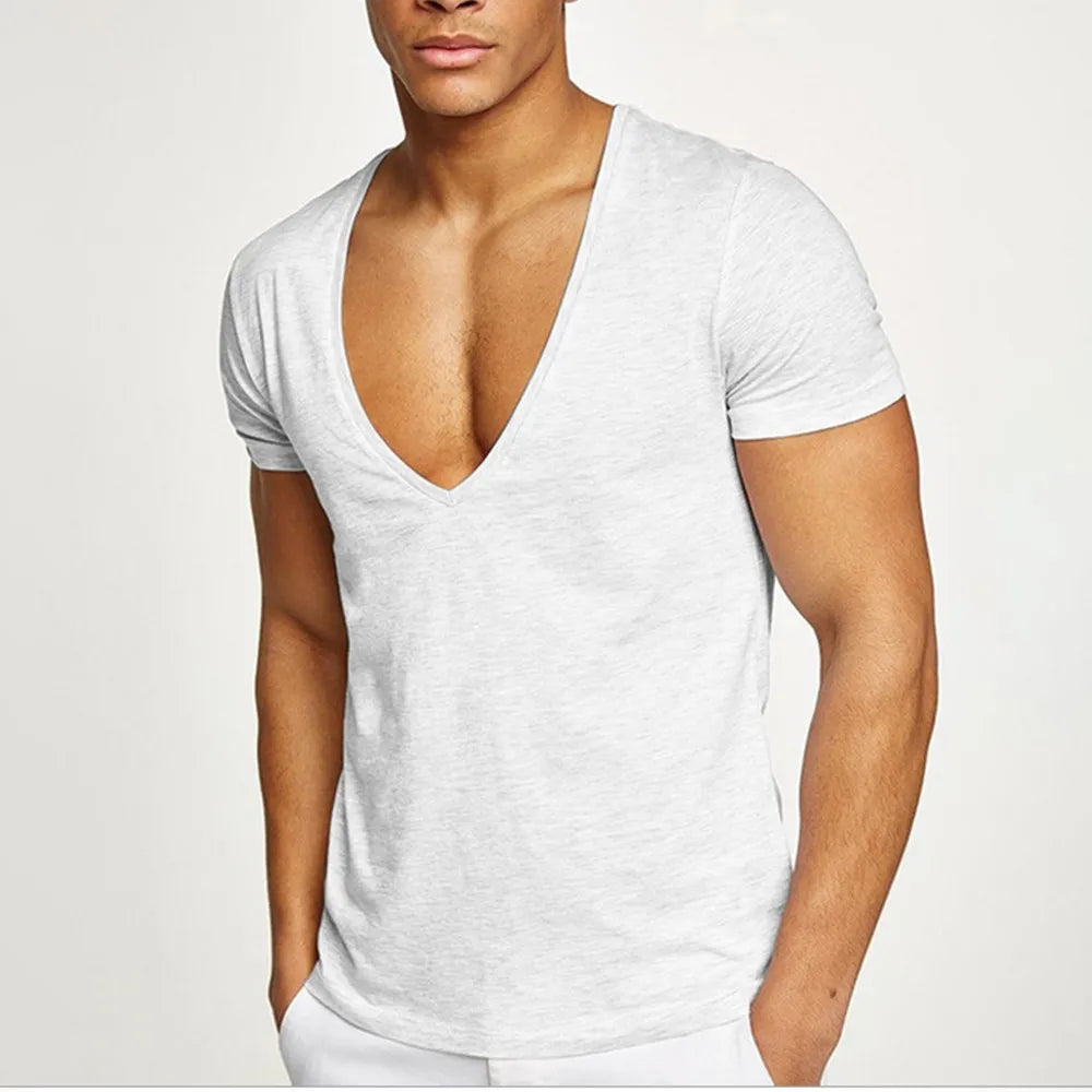 Men Tops T-Shirts Muscle Training Short Sleeve Summer V-Neck Bodybuilding Breathable Gym Wear Ice Silk Comfort