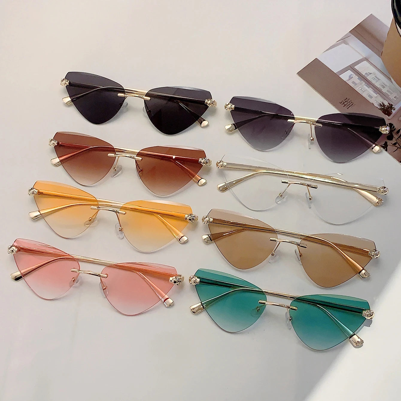 KAMMPT Retro Metal Rimless Triangle Sunglasses Women Luxury Brand Beach Gradient Sun Glasses Ladies Fashion Decor Pink Shades