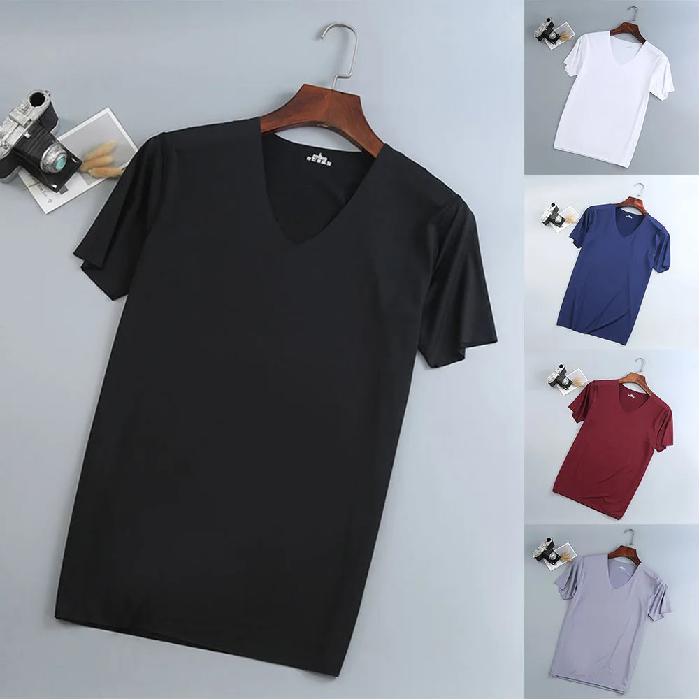 Men Tops T-Shirts Muscle Training Short Sleeve Summer V-Neck Bodybuilding Breathable Gym Wear Ice Silk Comfort