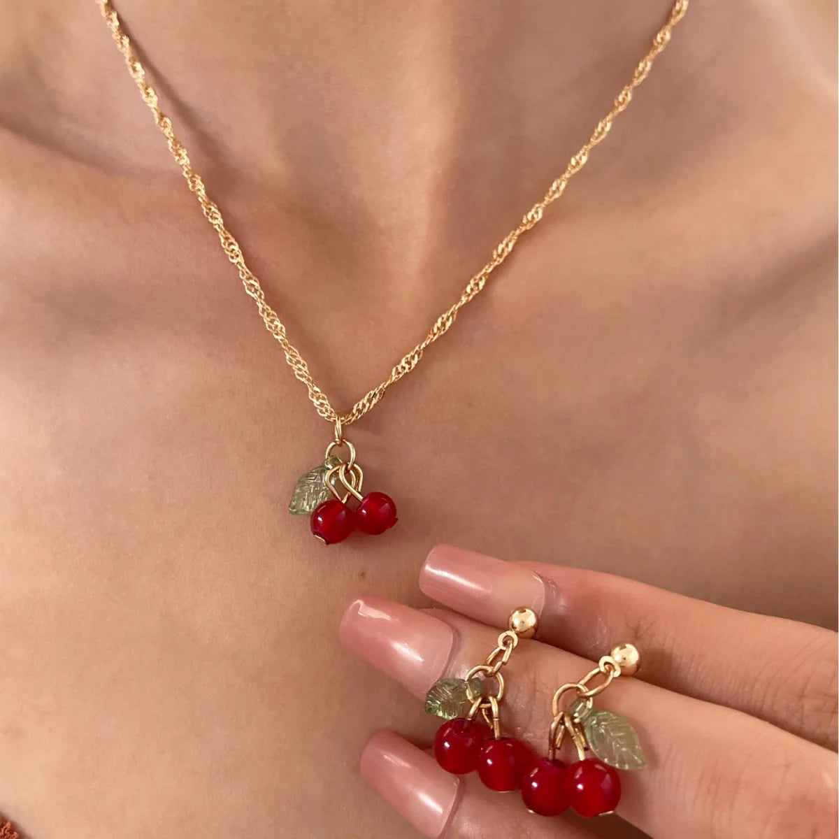 Cherry Red Necklace Earring Set Light Luxury And Niche Design Collarbone Chain Elegant And Exquisite Set Jewelry For Women