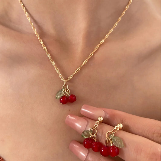 Cherry Red Necklace Earring Set Light Luxury And Niche Design Collarbone Chain Elegant And Exquisite Set Jewelry For Women