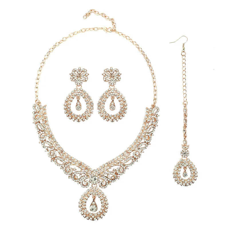 FARLENA Classic Indian Bridal Necklace Earrings and Frontlet set Luxury Bridal Wedding Crystal Rhinestones Jewelry sets