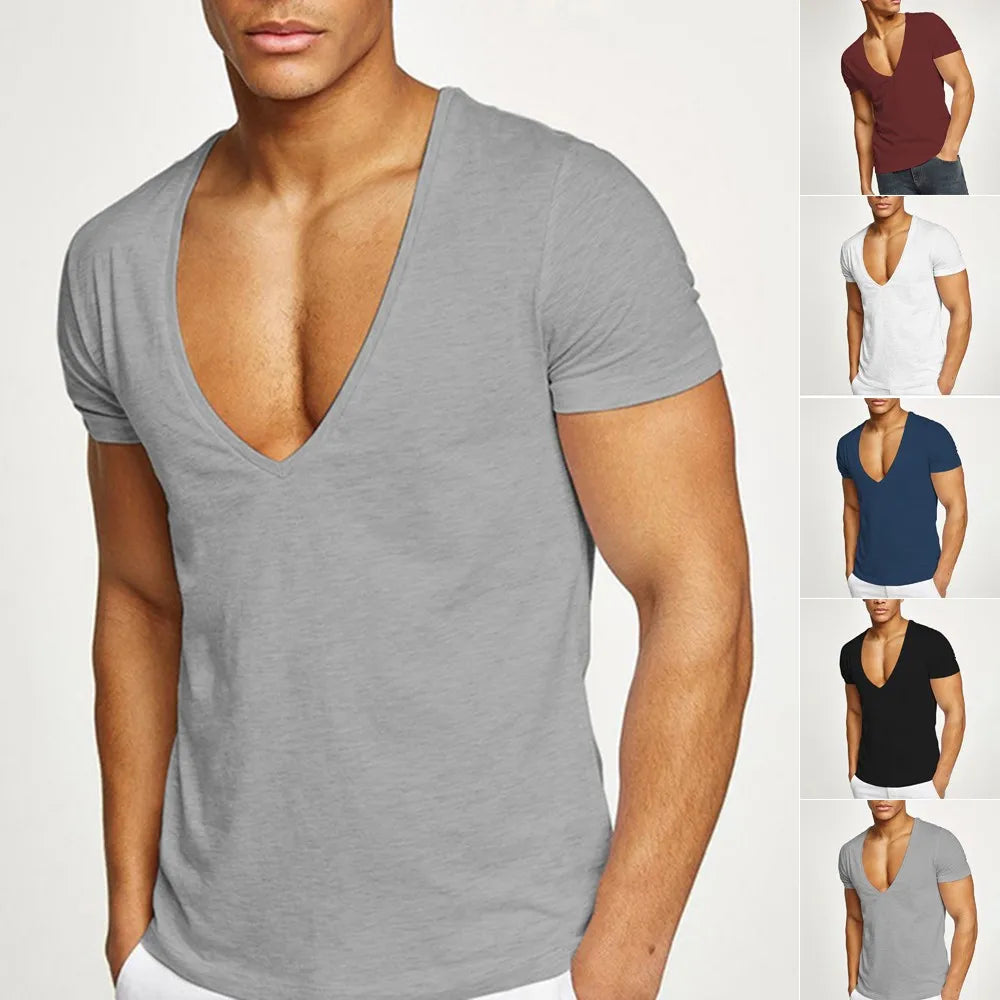 Men Tops T-Shirts Muscle Training Short Sleeve Summer V-Neck Bodybuilding Breathable Gym Wear Ice Silk Comfort