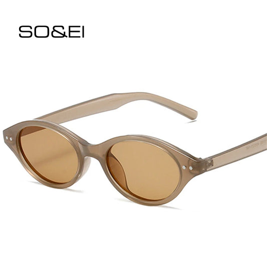 SO&EI New Small Oval Sunglasses Women Retro Candy Color Shades UV400 Men Trending Rivets Sun Glasses